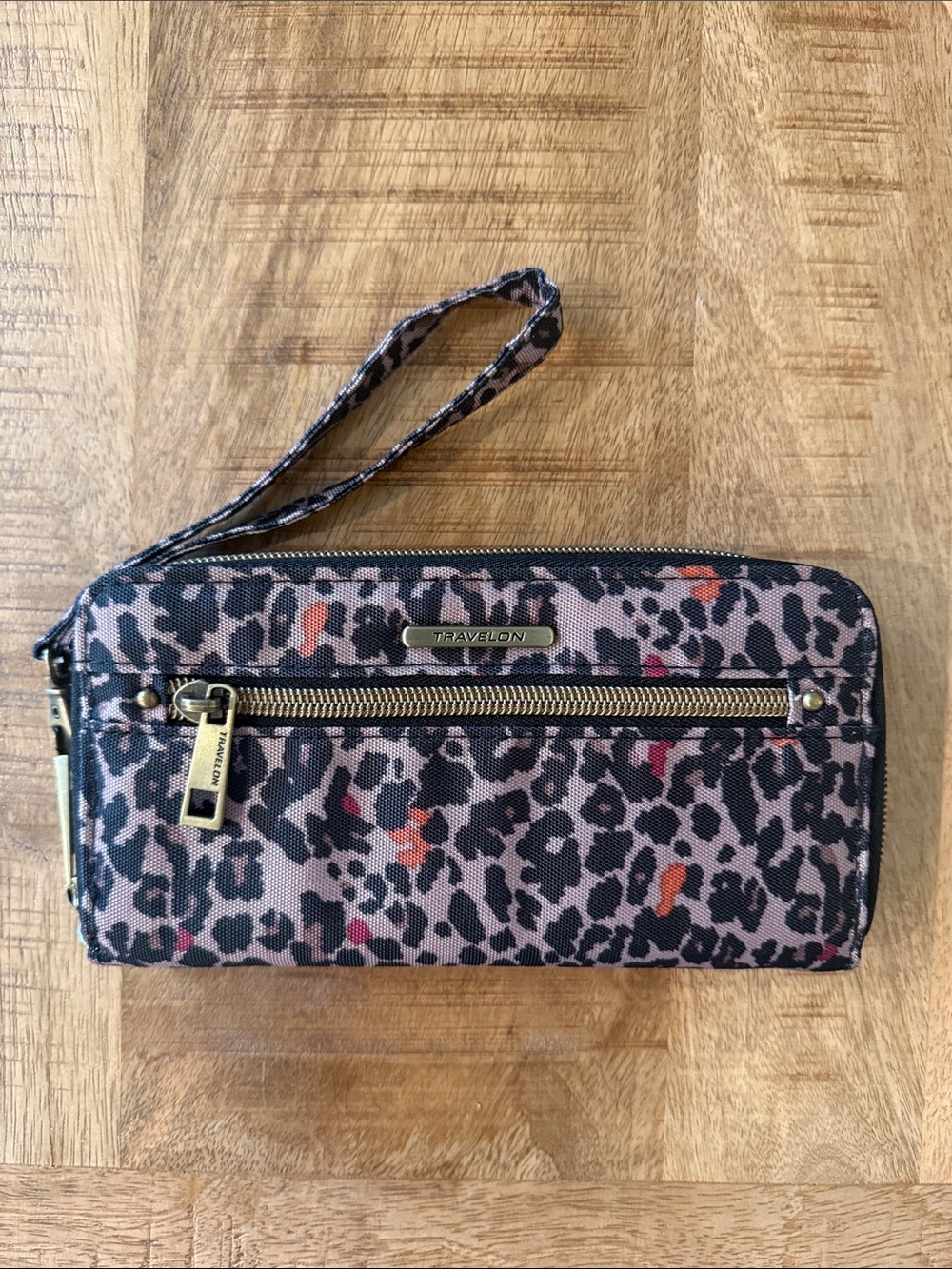Travelon Pink and Black Leopard Print Wristlet Wallet with Gold Accents